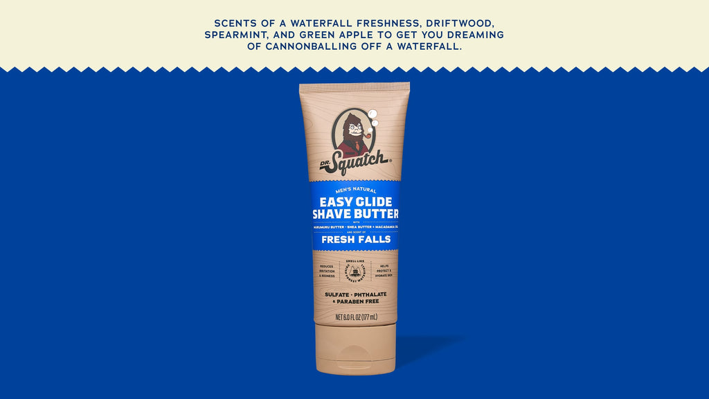 Brand and ingredient story panel for Dr. Squatch Easy Glide Shave Butter Fresh Falls